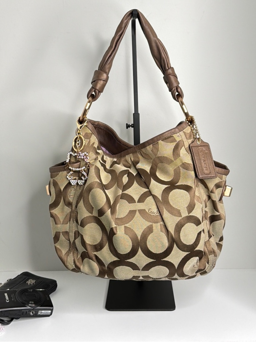 Coach Brown Signature Canvas Shoulder Bag with Leather Trim